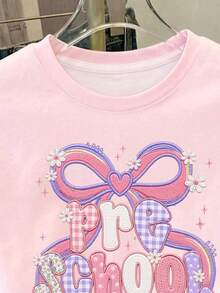 淺粉色可愛甜美蝴蝶結與字母貼布繡「Pre-School, Here I Come!」小女孩休閒舒適返校短袖T恤，適合日常、校園、甜美風時尚女孩 - 彩色 - 查看 4