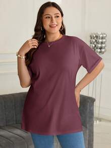 SHEIN BASICS 大尺碼落肩素色T恤女款夏季上衣套裝 - 酒紅色 - 查看 1