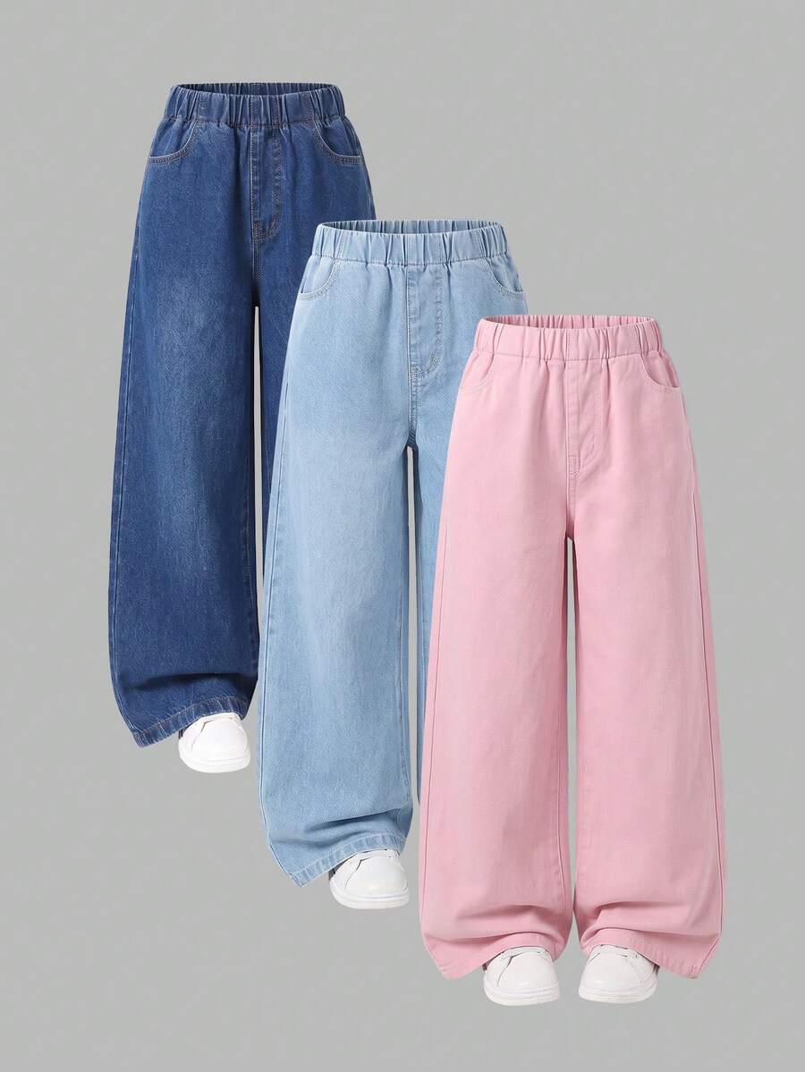 SHEIN 3条/包,多条装宽松弹力腰阔腿牛仔裤,三种颜色可选,适合少女休闲舒适穿着,适合学校、校园、大学暑假穿着。 - 彩色 - 查看 1