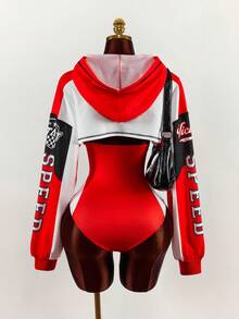 Amplova Motorcycle Style Long Sleeve Fitted Bodycon Bodysuit With Spaghetti Straps And Hoodie Sweatshirt Ribbed Long Sleeve Fitted Women's 2-Piece Set - Red - View 10