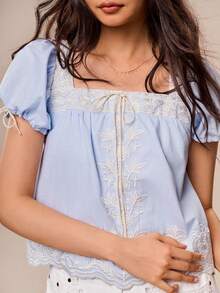 Willow Rêve Women's Blue Embroidered Trim Puff Sleeve A-Line Loose Blouse, Boho Style, Valentine's Day, Romantic Exclusive Style, Sweet Style - Blue - View 3