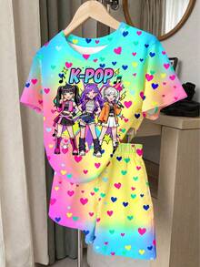街頭時尚彩色霓虹K-Pop女孩圖案，青少年女孩休閒舒適圓領短袖T恤與短褲兩件套，適合春/夏日常、外出、校園、運動、返校日，甜美女孩風，時尚 - 彩色 - 查看 2