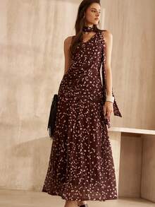 MOTF PREMIUM Vestido largo sin mangas con cuello en V y estampado de lunares para mujer, estilo de moda para ir al trabajo - Café - Ver 6