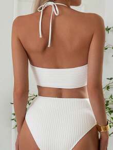 SHEIN Swim 2026春夏純白色與銀色圓環式細肩帶交叉深V領性感露背連身比基尼泳衣 - 白色 - 查看 3