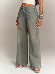 Denimoi Women's Fashion Washed Rhinestone Low Waist Jeans - Light Wash - View 9