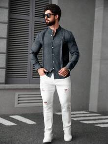 Manfinity CasualCool 男士純色單排扣休閒百搭日常穿著長袖襯衫 - 深灰色 - 查看 4