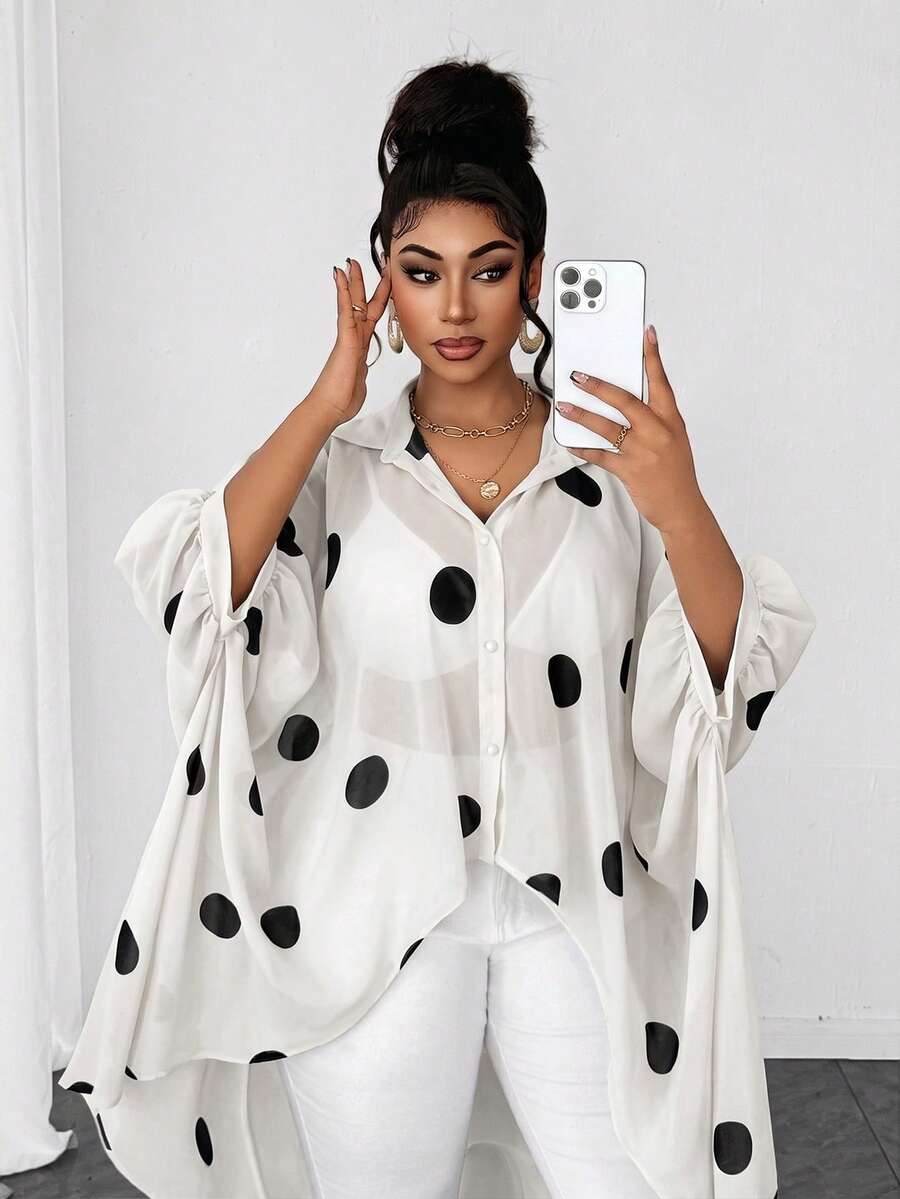 Maweii Summer Plus Size Women's Blouse, Black And White Polka Dot Chiffon Fabric, Asymmetrical Hem, Button-Front, Elegant, Semi-Sheer, Suitable For Outings And Commuting - White - View 1