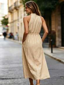 Balvessa Women's Minimalist Button Half-Placket Pocket Tie-Front Dress - Khaki - View 2