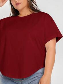 SHEIN BASICS 大尺碼夏季休閒百搭純色短袖T恤 - 酒紅色 - 查看 3