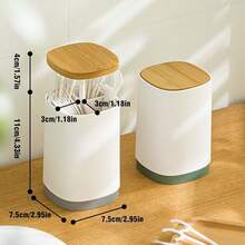 Retractable Pop Up Toothpick Holder With Bamboo Lid, Multi Compartment Toothpick Dispenser Storage Organizer, Portable Auto Toothpick Case Container For Kitchen Countertop Dining Table, Grey & White - View 3