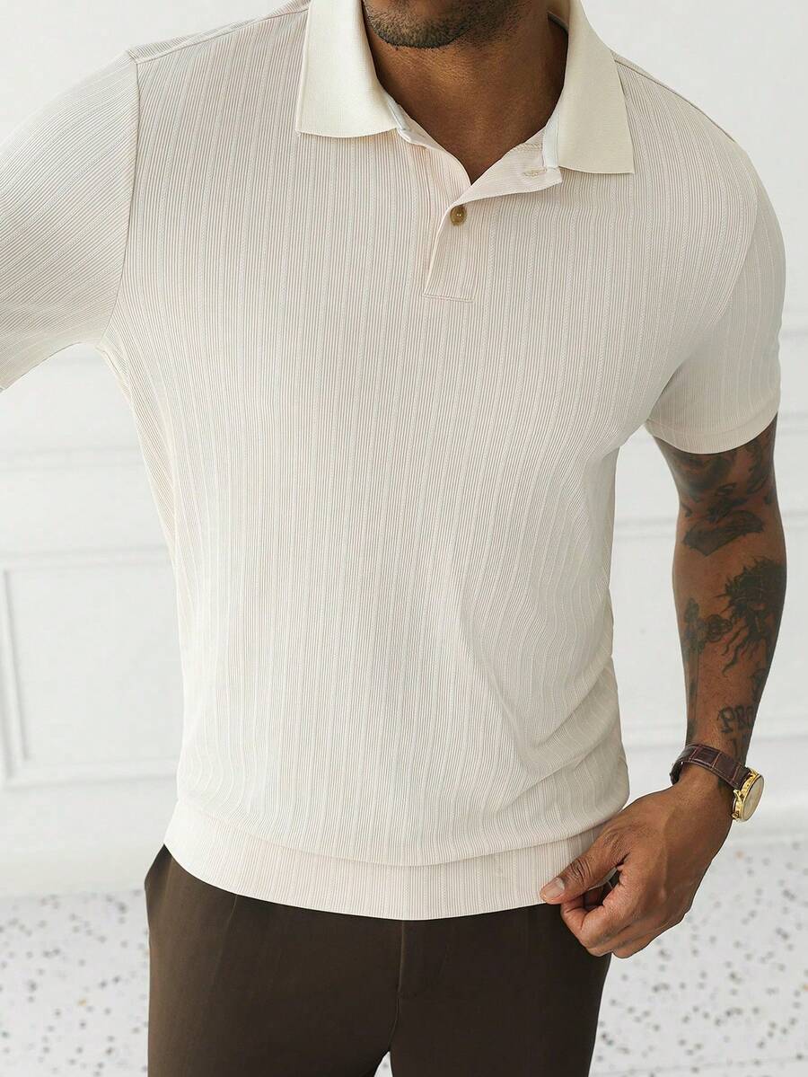 HUEFORM Men's Summer Vertical Stripe Knit Jacquard Mature Style Casual Versatile Exquisite Commuter Short Sleeve POLO Shirt - Apricot - View 1