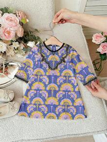 Vestido árabe tradicional elegante y digno con estampado floral dorado, morado taro suave y lila, adecuado para niñas pequeñas en primavera/verano, para uso diario, festivales, salidas, vestido árabe maxi de manga larga elegante y digno, abaya de oración, cómodo y casual, para vacaciones, modesto kaftan - Multicolor - Ver 4