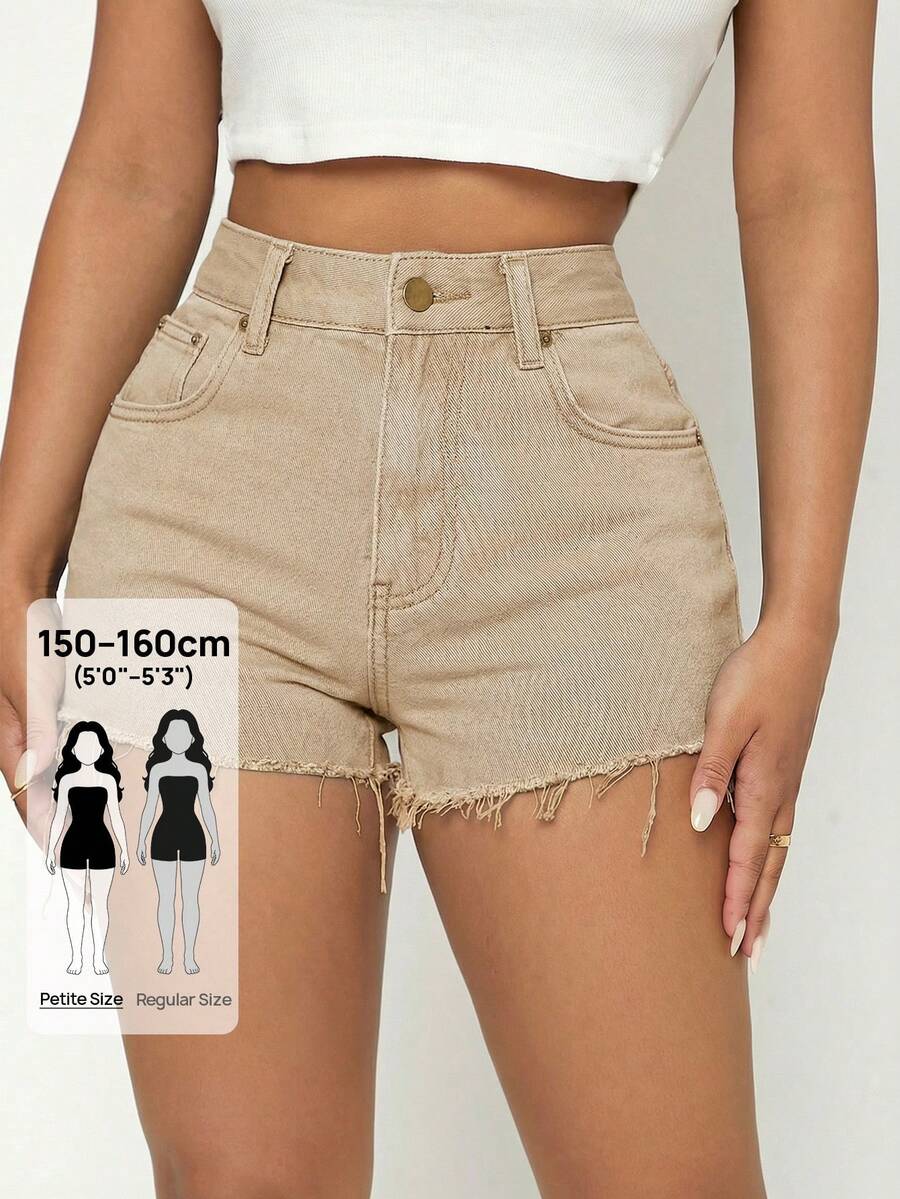 SHEIN PETITE 女款休閒牛仔短褲,附口袋與毛邊下擺,適合日常穿著,小碼女款 - 卡其色 - 查看 1