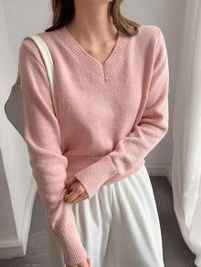 DAZY Women's Solid Color Fitted Short Long Sleeve V-Neck Casual Vacation Spring/Autumn Pullover Knit Sweater - Pink - View 6