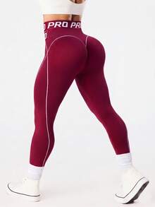 SHEIN Sports 女款字母印花高腰休閒百搭日常旅行運動內搭褲 - 酒紅色 - 查看 1