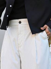 Devon Thys Men's Striped Print Fold Pleated Business Casual Dress Pants - White - View 6
