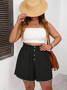 Comfylo Plus Size Women's Shell Embroidered Ruffle Edge Button Design Shorts - Multicolor - View 5