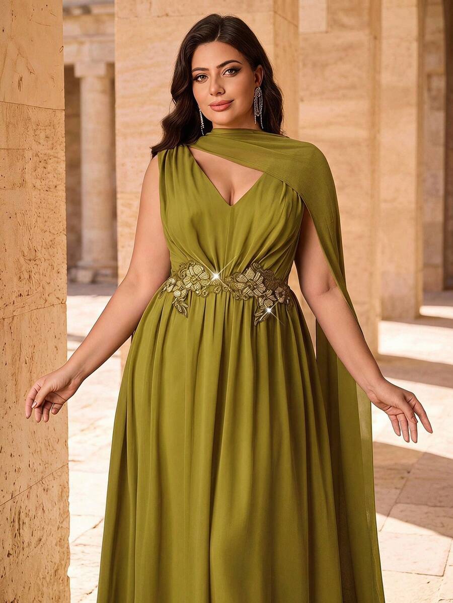 Aureia Große Größen elegantes grünes Chiffon plissiertes Blumenapplikation A-Linie Maxikleid mit abnehmbarem Schal für formelle Abendveranstaltungen, Hochzeitsgäste, Brautjungfern, Partys