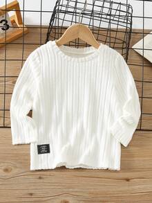 SHEIN Off-White 男童拼接針織長袖圓領T恤 - 白色 - 查看 3