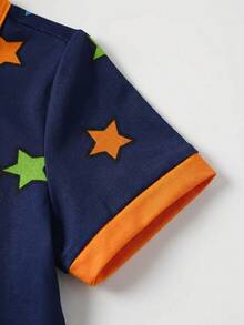 Nick 90s | SHEIN Baby Boy Cartoon Print Round Neck Short Sleeve Romper - Navy Blue - View 4