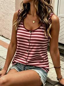 EMERY ROSE Plus Size Women's Comfortable Striped Colorblock Pattern Round Neck Button-Up Top, Round Neck Comfortable Camisole Tank Top, Suitable For Daily Casual Wear - Multicolor - View 4
