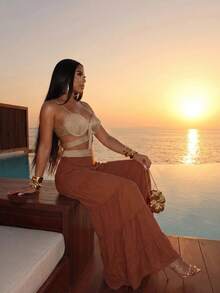 Slaydiva Damen Farbblock Plissee Cut-Out Lässig Urlaubs Cover-Up Jumpsuit Badeanzug Badeanzüge - Braun - Übersicht 9