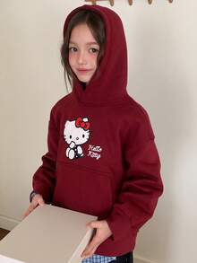 HELLO KITTY | DAZY سويت شيرت بقلنسوة فضفاض مبطن حراري بنمط قطة KT للبنات المراهقات للخريف - عنابي اللون - مشاهدة 7