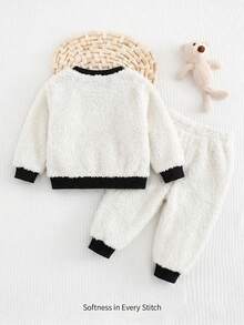Cozy Pixies Baby Boy Cartoon Panda Pattern Thermal Lined Thick Crew Neck Long Sleeve Pullover Sweatshirt And Jogger Autumn Winter Pants 2-Piece Set - Multicolor - View 2
