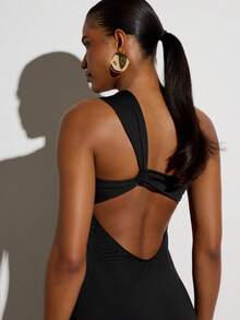KSTM Asymmetrical One-Shoulder Draped Maxi Dress With Black Hardware Detail And Side Slit Evening Gown Night Out Summer Sexy - Black - View 1