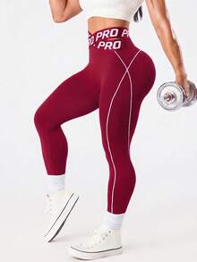 SHEIN Sports 女款字母印花高腰休閒百搭日常旅行運動內搭褲 - 酒紅色 - 查看 7
