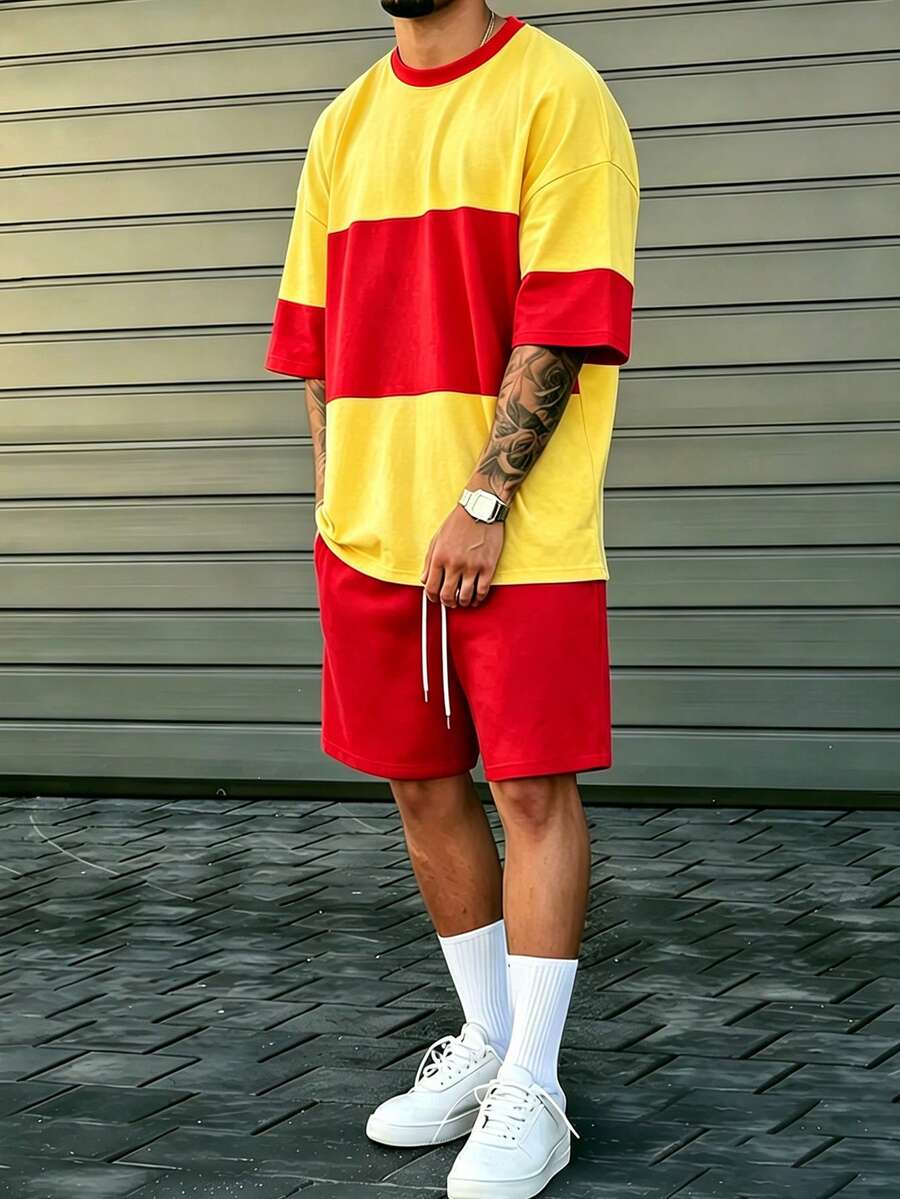 Manfinity Homme 男士休閒條紋拼接圓領T恤與抽繩腰短褲套裝 - 彩色 - 查看 1