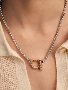 Vandermere 18K Gold Plated Stainless Steel Box Chain Necklace With Dual-Tone Chunky Clasp Pendant, Waterproof Jewelry For Women - Multicolor - View 5