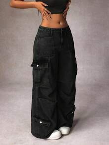 SHEIN PETITE Women's Casual Distressed Wide Leg Denim Jeans ,Petite Women - Black - View 4