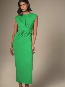KSTM Twist Front Jersey Midi Dress With Cap Sleeve Ruched Waist Detail Sleek Bodycon Silhouette Elegant Evening - Green - View 1