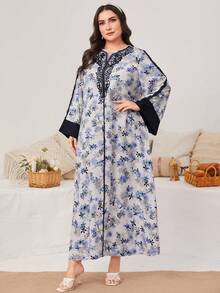 Al Najma 大码女式蕾丝花卉印花阿拉伯长袍，拼接设计，朴素长袍 - 藍色 - 查看 6