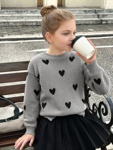 SHEIN 青少年女孩圖案落肩圓領毛衣與純黑百褶裙兩件套，適合日常穿著、返校、休閒場合，秋冬日常穿搭 - 灰色 - 查看 7