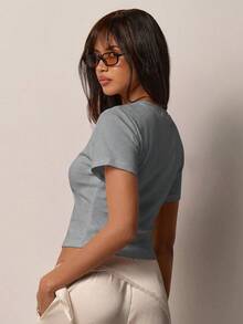 COSMINA 女款純色休閒百搭日常穿著夏季T恤 - 灰色 - 查看 2