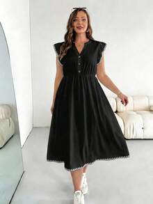 SHEIN Essnce Vestido de talla grande con mangas acampanadas y bordado de concha - Multicolor - Ver 3