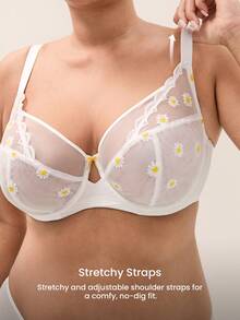 LUVLETTE Plus Daisy Embroidered Elegance Lingerie Lounge Curve Full Coverage Breathable Unlined Floral Lace White Sheer Minimizer Mesh Bridal Intimates Bra - White - View 3