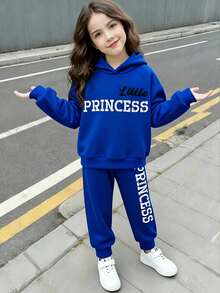 SHEIN 2pcs Young Girls' Casual English Letter Hooded Sweatshirt And Letter Print Pants Set, Autumn Back-To-School Big Sister Little Sister - Blue - View 10