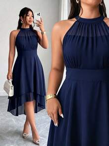 Elenzga Plus Size Round Neck Sleeveless Double Layer Ruffle Hem Asymmetrical Dress - Navy Blue - View 7