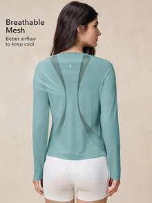 OutZeal 女款健身上衣 戶外運動快乾網布拼接修身長袖T恤 夏季 - 綠色 - 查看 3