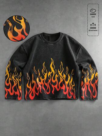 T-shirt à manches longues col ras-du-cou délavé effet flamme style street pour hommes