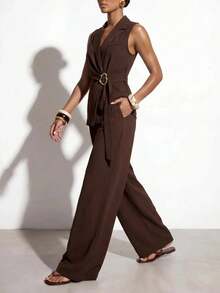 Zivah Elegant & Sophisticated Women's Autumn/Winter 2 Pieces Suit Set, Suitable For Office Wear: Metal Decor Sleeveless Blazer + Wide Leg Pants, Dark Brown - Brown - View 7