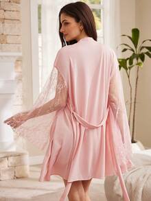 Moireta French Elegant Sexy Lace Hollow Out Camisole Dress & Robe 2 Pieces Pajama Set For Women - Pink - View 2