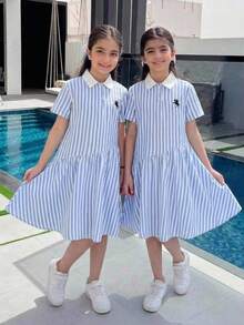 SHEIN 青少年女孩休閒舒適襯衫領撞色條紋素色洋裝，返校季公主風洋裝 - 藍色 - 查看 8