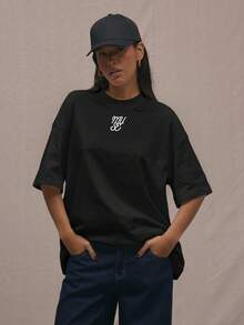 MUSERA Logo 圓領寬鬆大尺寸 T-shirt 休閒 機場 度假 返校季 優雅 春夏 - 黑色 - 查看 1