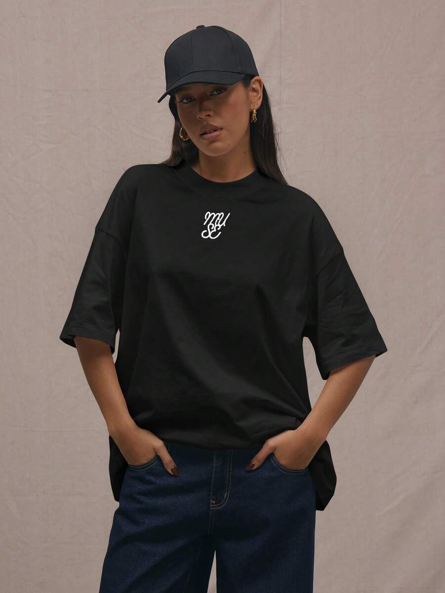 MUSERA Logo 圓領寬鬆大尺寸 T-shirt 休閒 機場 度假 返校季 優雅 春夏 - 黑色 - 查看 1
