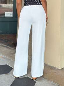 Alexandranx Einfarbige lässige Vintage Baggy Palazzo Hose mit Taschen, Damen Frühling Sommer weite Bein Anzughose, Damen Anzughose Business Kleidung Weiß - Weiss - Übersicht 2
