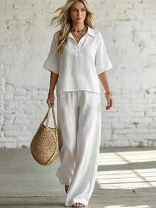 Livesso Women's 2 Pieces Set With Collared Short Sleeve White Loose Linen Fabric Vacation Style Top And Wide Leg Pants Summer Lounge Sets For Women - White - View 1